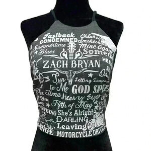 Zach Bryan Concert Lyric Graphic Halter Crop Top - Charcoal Gray